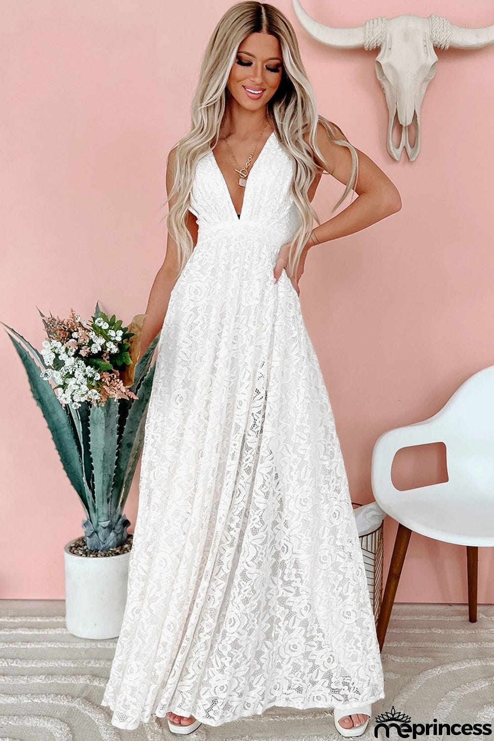 Floral Lace Open Back Maxi Party Dress
