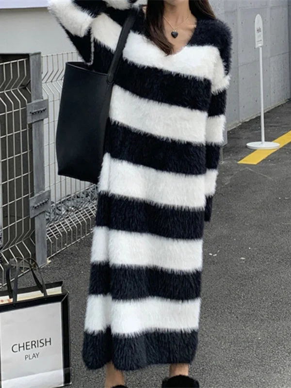Women's Casual Loose V-Neck Stripe Side Long Split Dress main image 1