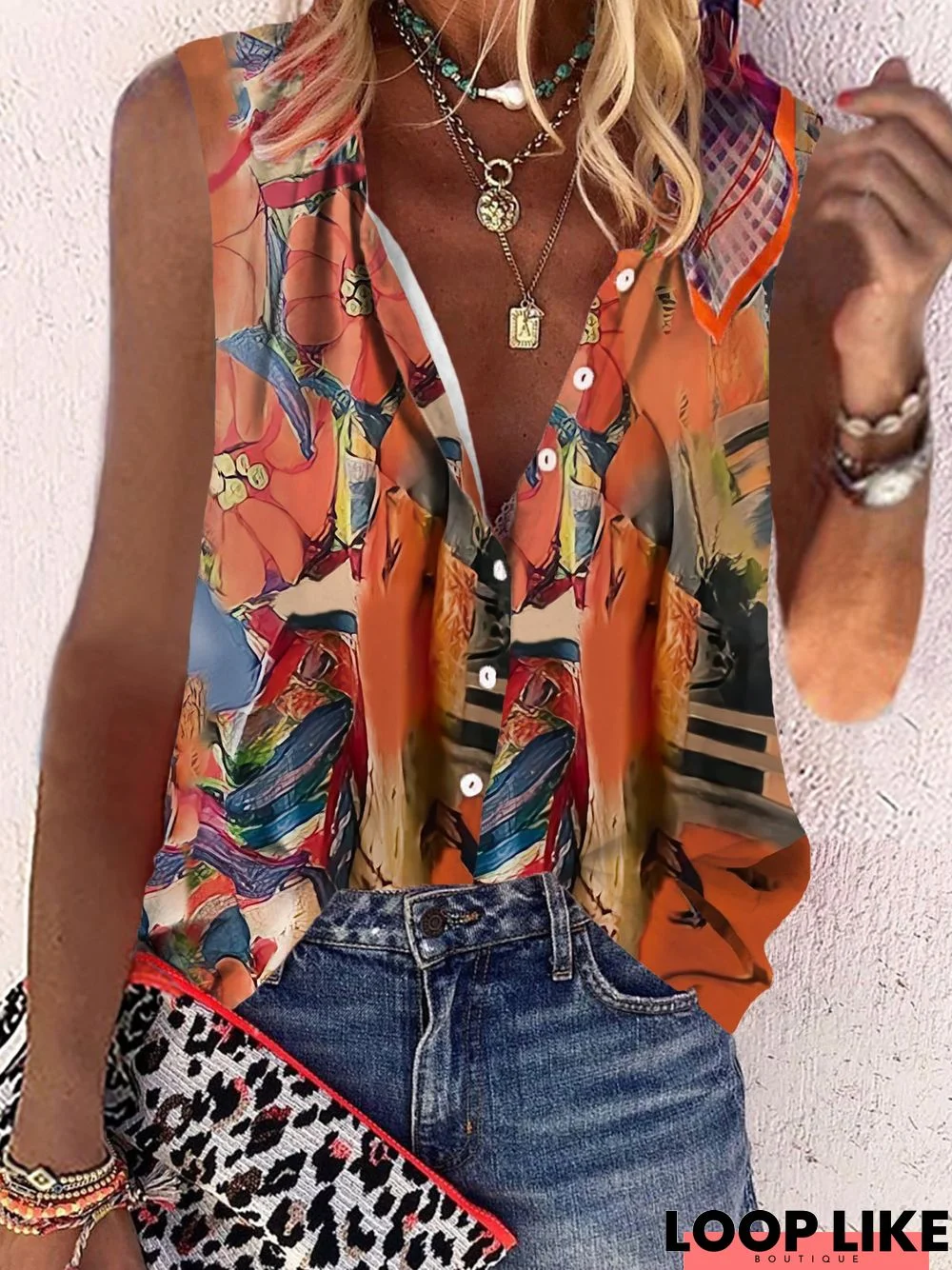 Casual Sleeveless V Neck Printed Blouse