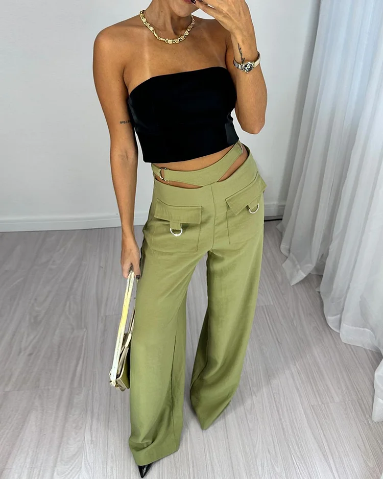 Sleeveless tube top solid color two piece set
