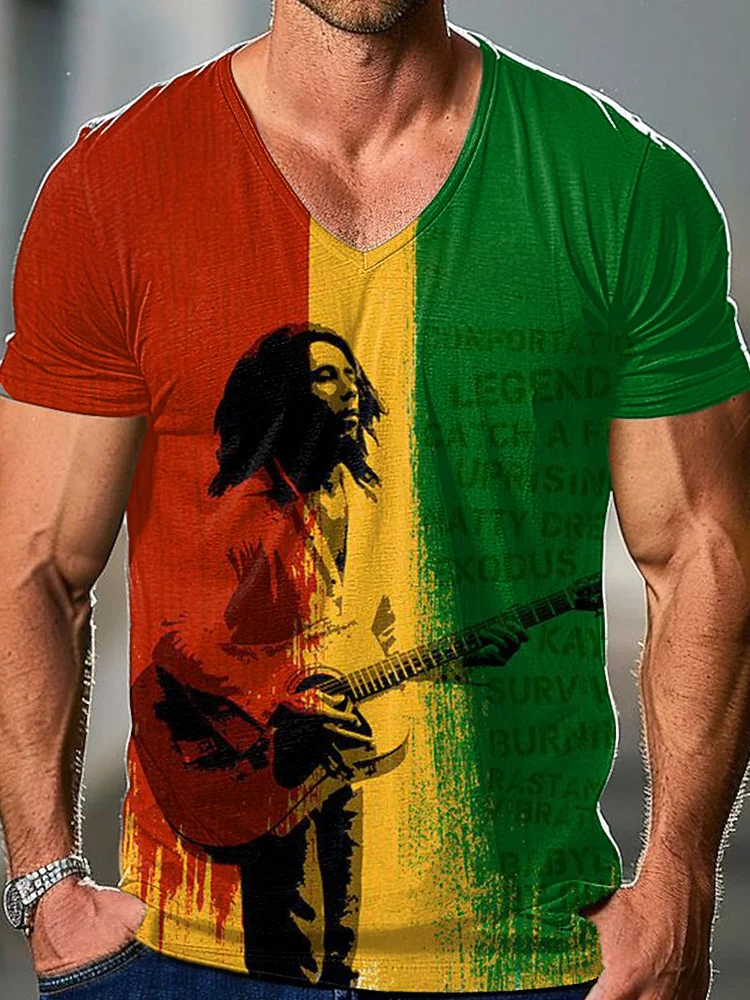 Reggae Print Casual Cozy V-neck T-shirt