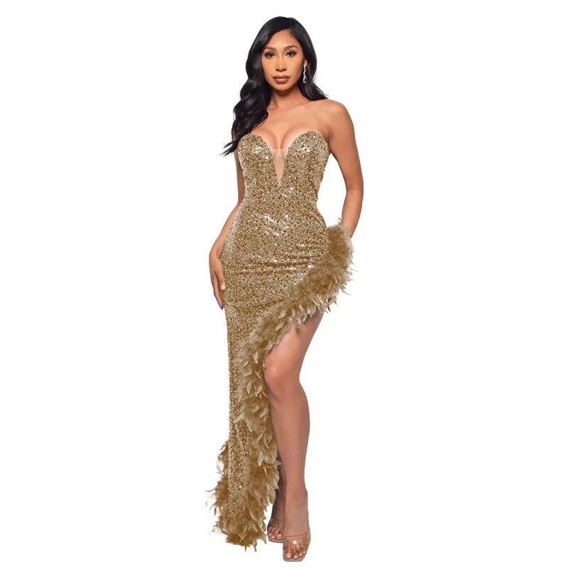 Brownm Tube Backless Sequined Feather Dress Dresses