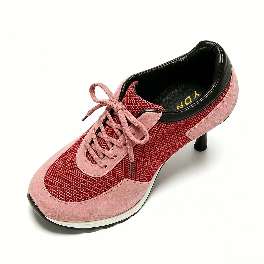 Red and Black Patchwork Round Toe Lace Up Sneaker Stiletto Shoes