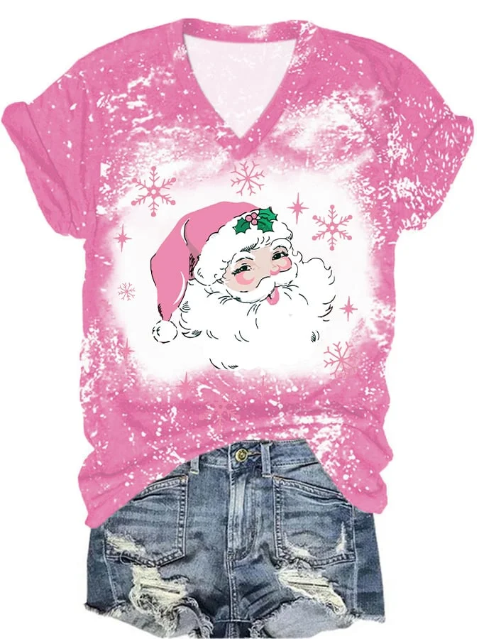 Women's Pink Santa Print V-Neck T-Shirt