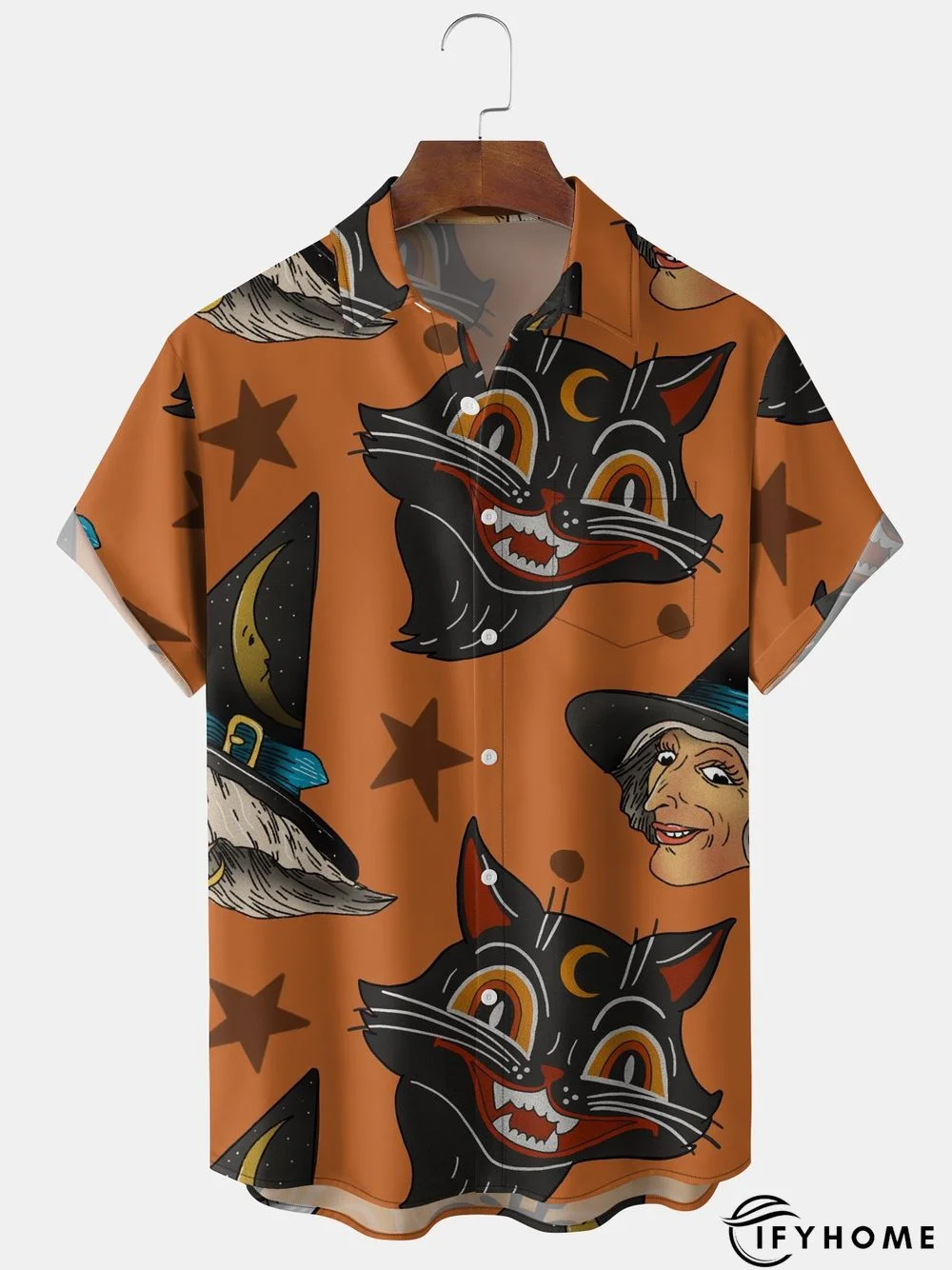 Mens Funky Halloween Cats Witch Print Front Buttons Soft Breathable Chest Pocket Casual Aloha Shirts | IFYHOME