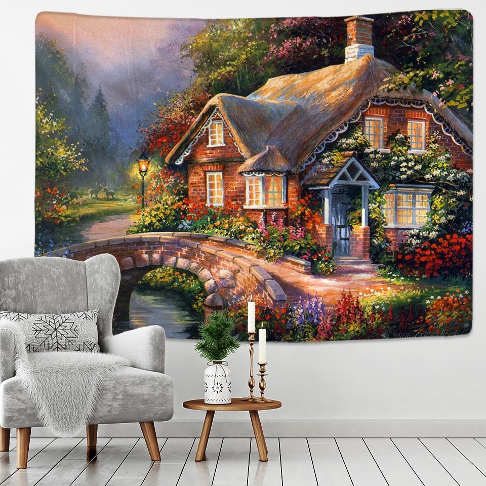 Fairy Tale Cottage Forest Tapestry Wall Hanging Bohemia Art Print Tapestry Room Home Decoration Hippie Pattern