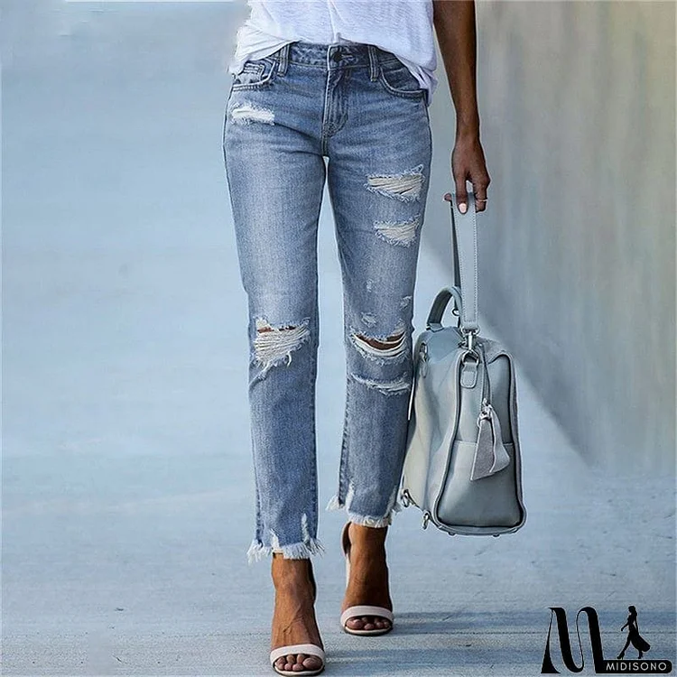 Stretch Ripped Distressed Skinny Mid Waist Denim Pants