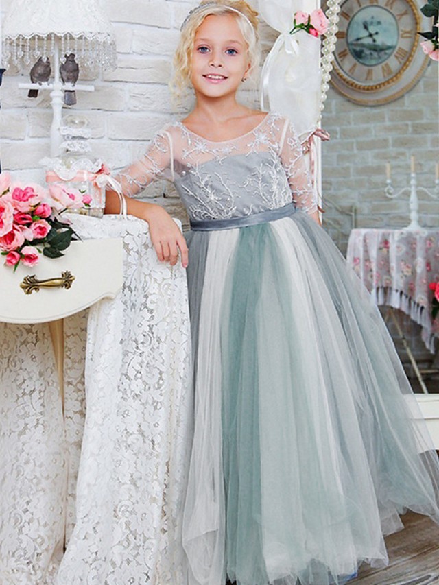 Bellasprom Half Sleeve Jewel Neck A-Line Flower Girl Dress Floor Length Lace Tulle With Bow Paillette Bellasprom