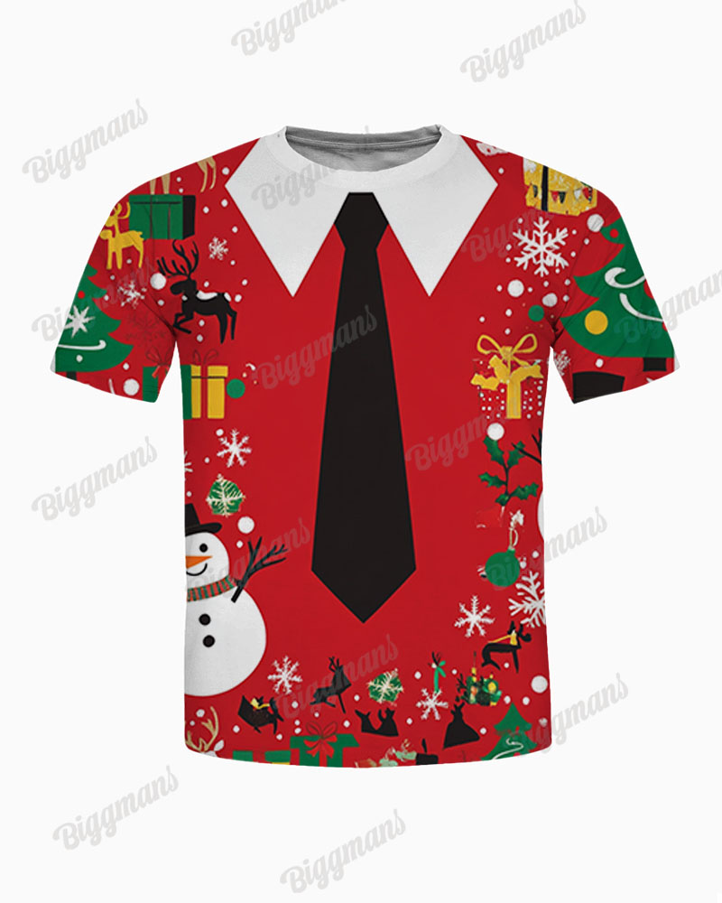 Men's Plus Size Christmas Red Snowman Elk Cartoon Tie Print T-Shirt Shorts Suit