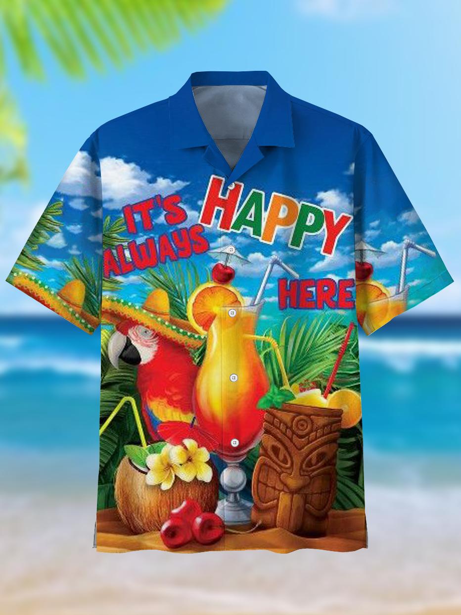 Men's Comfortable Hawaiian Vacation Drinks Cartoon Blue Cuban Collar Printed Shirt PLUSCLOTHESMAN