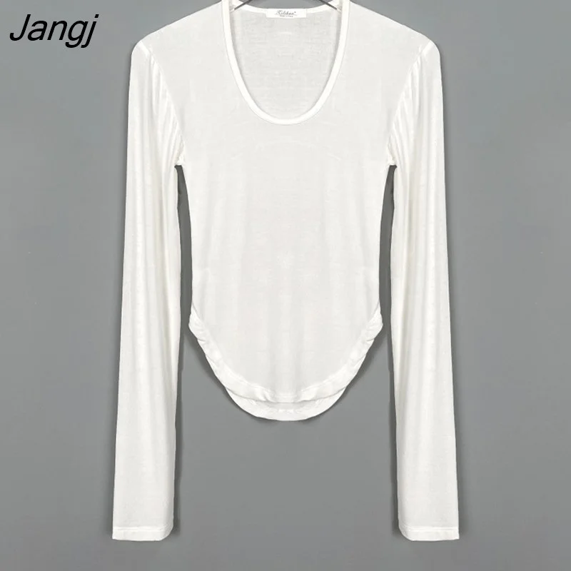 Jangj Long Sleeve Women T-Shirt 2023 High Stretch Slim Sexy Casual T Shirt Woman Cotton White Tee Lady Tops Women Clothing 20789