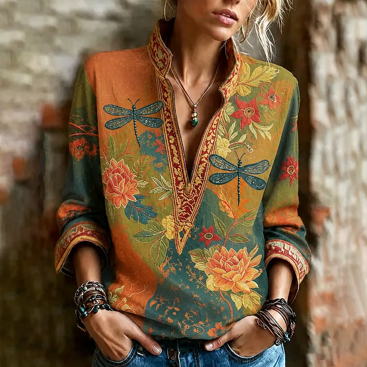 Women's Hippie Floral And Dragonfly In Patchwork Pattern Art Embroidered Linen Blend Long Sleeve Shirts