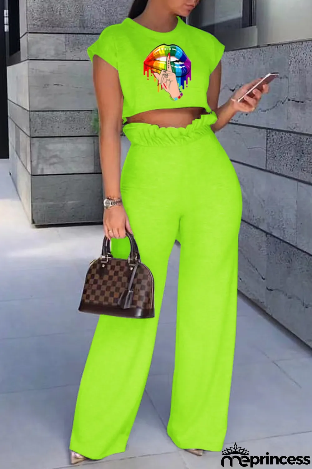 Fluorescent Green Fashion Casual Lips Printed Basic O Neck Short Sleeve Two Pieces