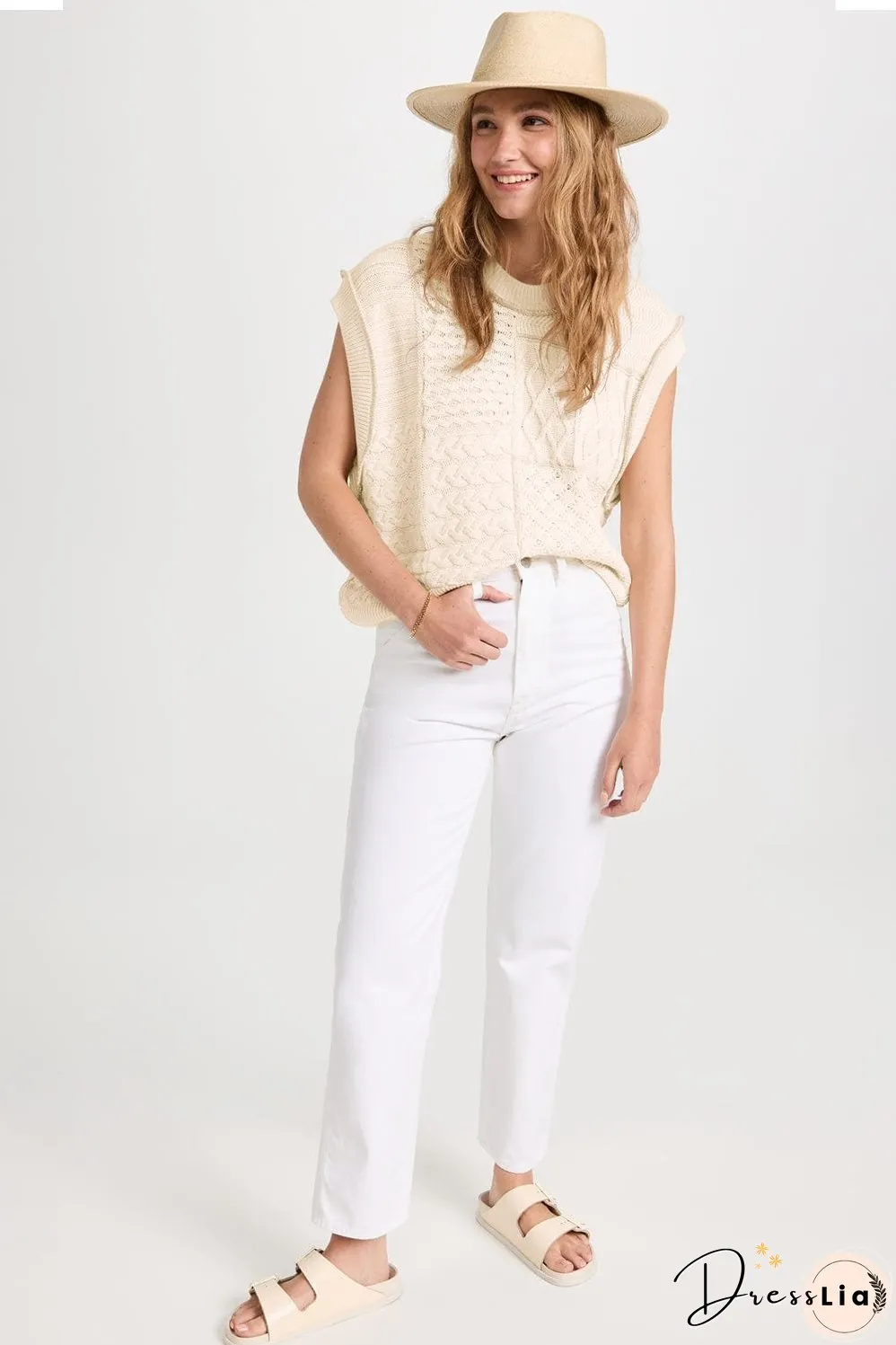 Beige Slouchy Cable Knit Dolman Sleeveless Sweater Vest