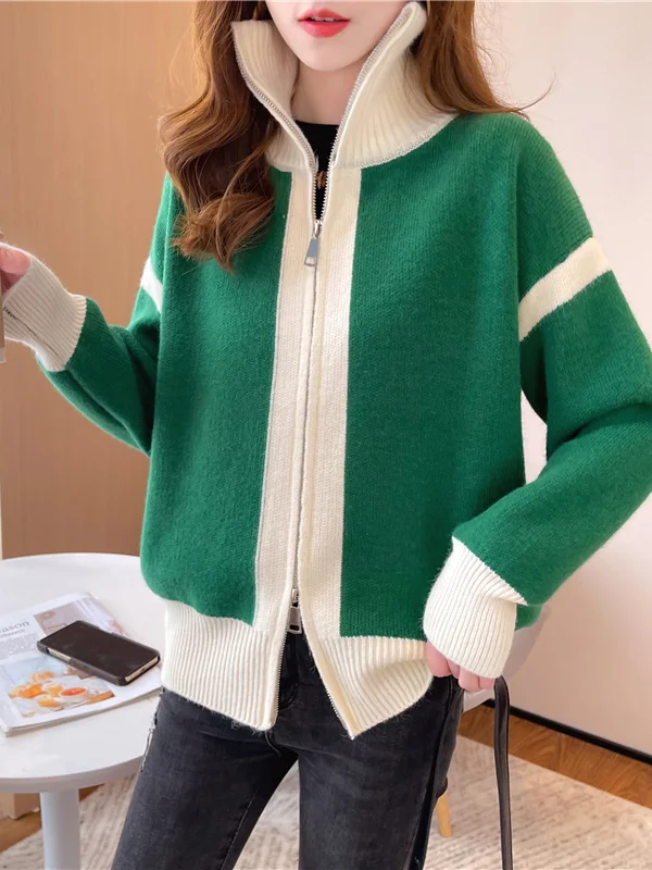 Casual Long Sleeves Contrast Color Zipper Stand Collar Cardigan Tops