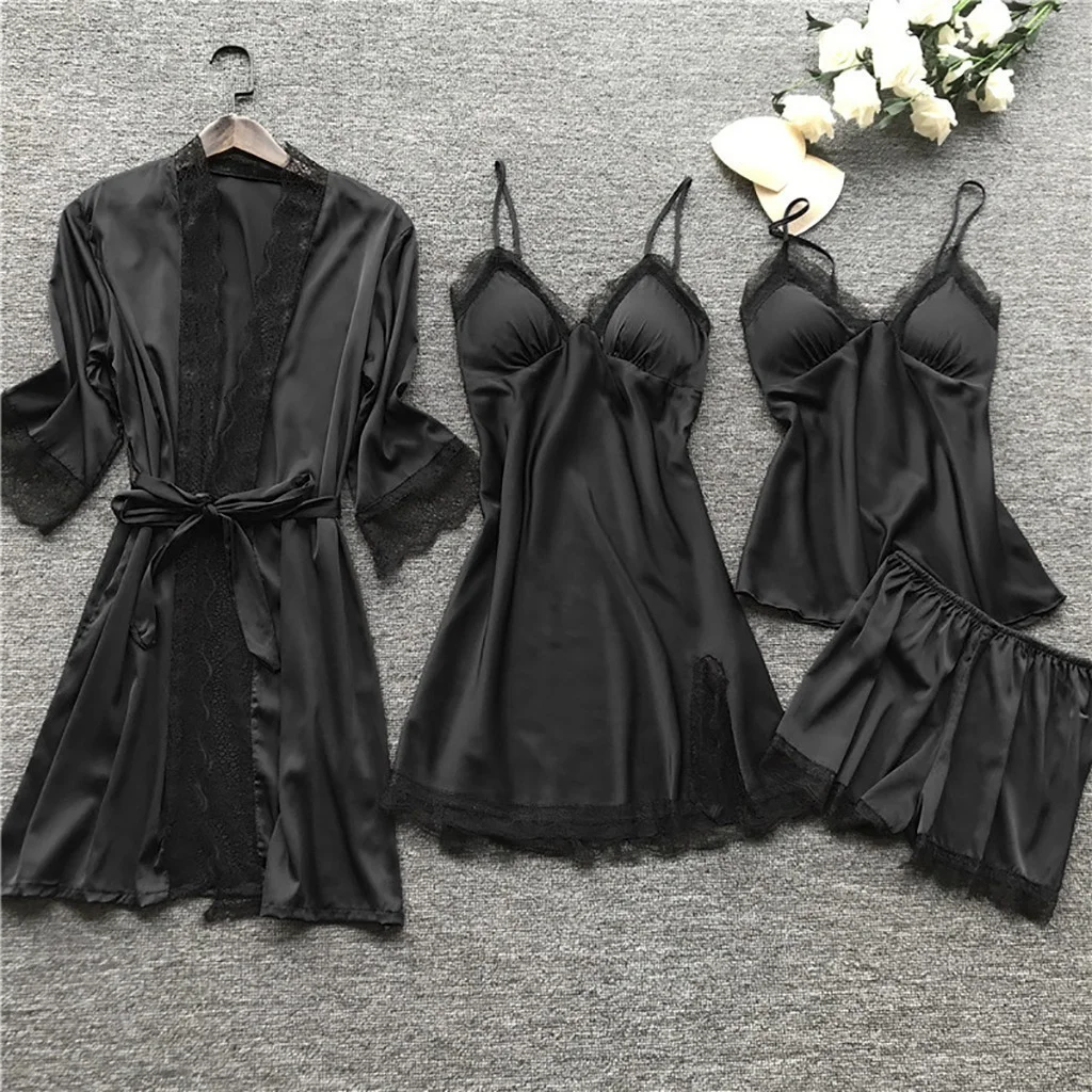 Uveng Uveng Woman Sexy Pajamas Four-Piece Korean Set Of Hanging Pajamas Women Homewear With Chest Pajamas Pajamas Pajamas 2103
