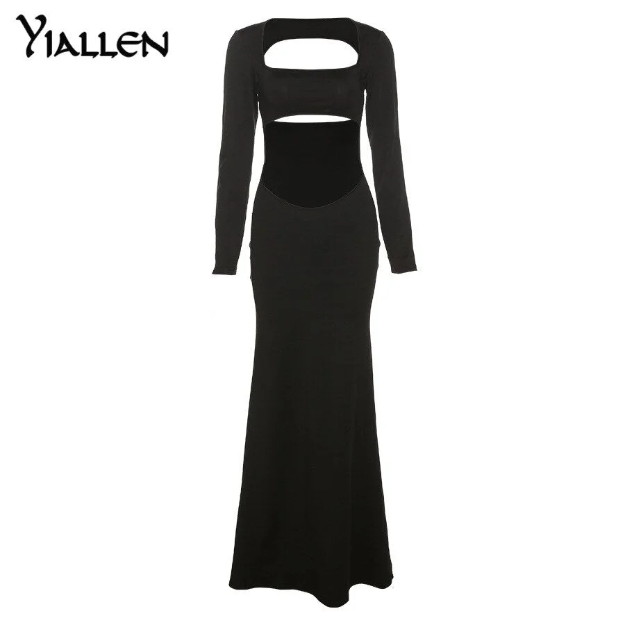 Yiallen Autumn New Fashion Sexy Hollow Out Long Sleeve Square Collar Long Dress For Women Simple Solid Club Night Dress Hot