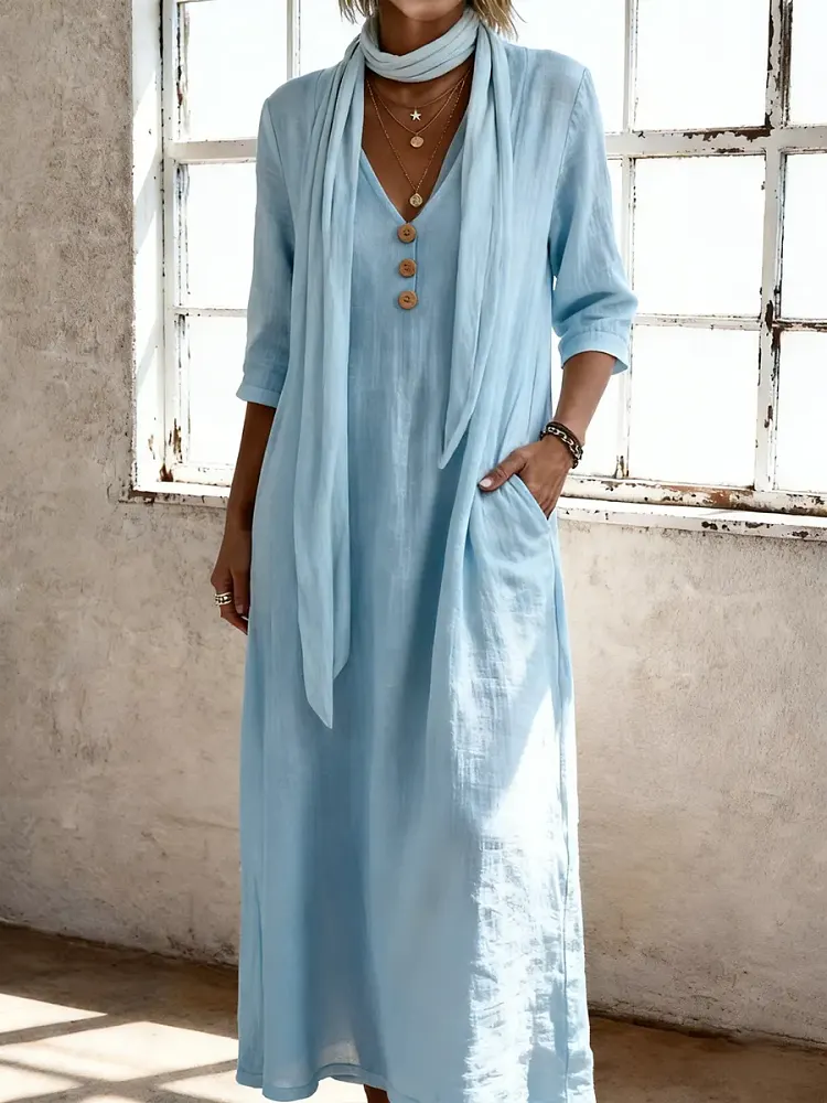 Women's Casual Long Sleeved Button-down V-neck Cotton Dress