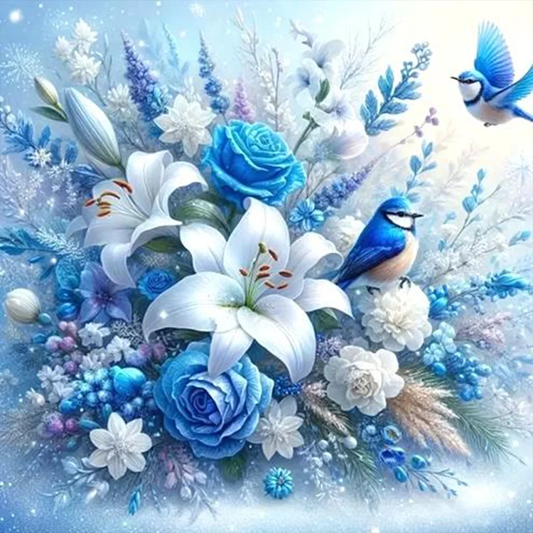 Blue Flower And Blue Bird 30*30CM (Canvas) Full Round Drill Diamond Painting gbfke