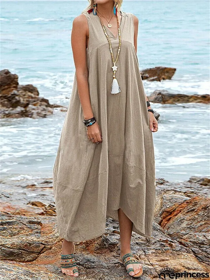 Women's Deep V Neck Pocket Backless Lace Up Loose Beach Dress