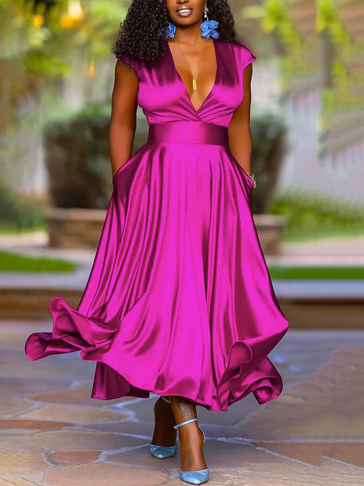 Casual Sleeveless Plunging Pleated Solid Color V-Neck Maxi Dresses