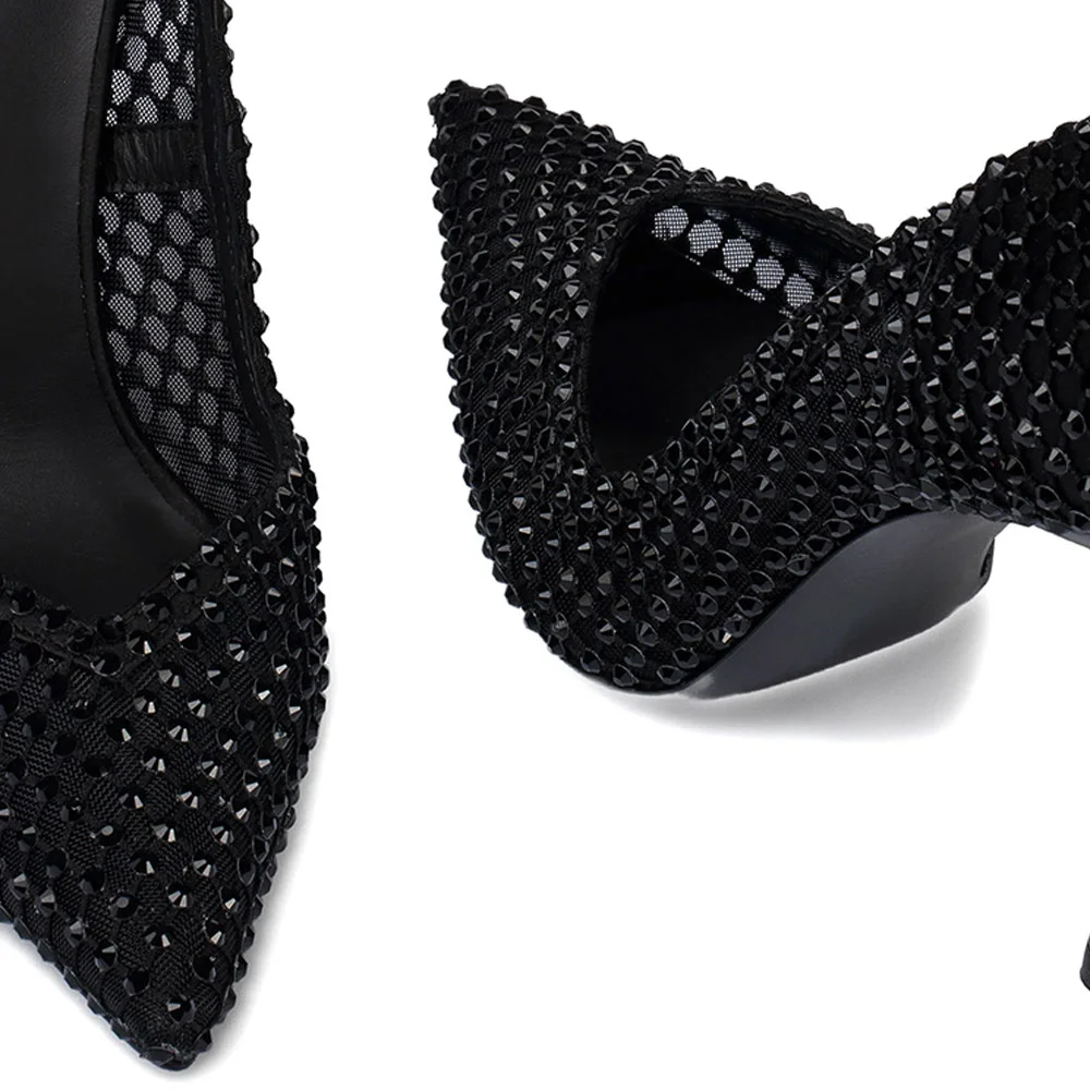 Rhinestone Studded Pointed Toe Stiletto Heel Black Pumps for Women