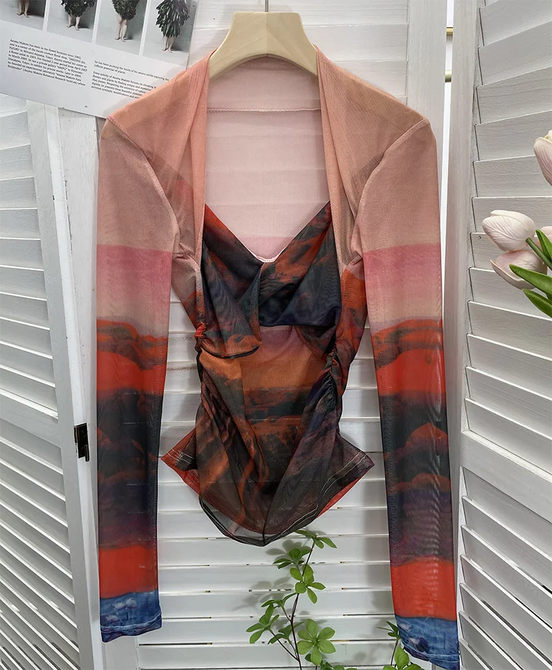 Uveng Explosion Tie-Dye-Print Long Sleeve Bottom Sexy Hottie V-Neck T-Shirt Folded Slimming Mesh Yarn Top 8929