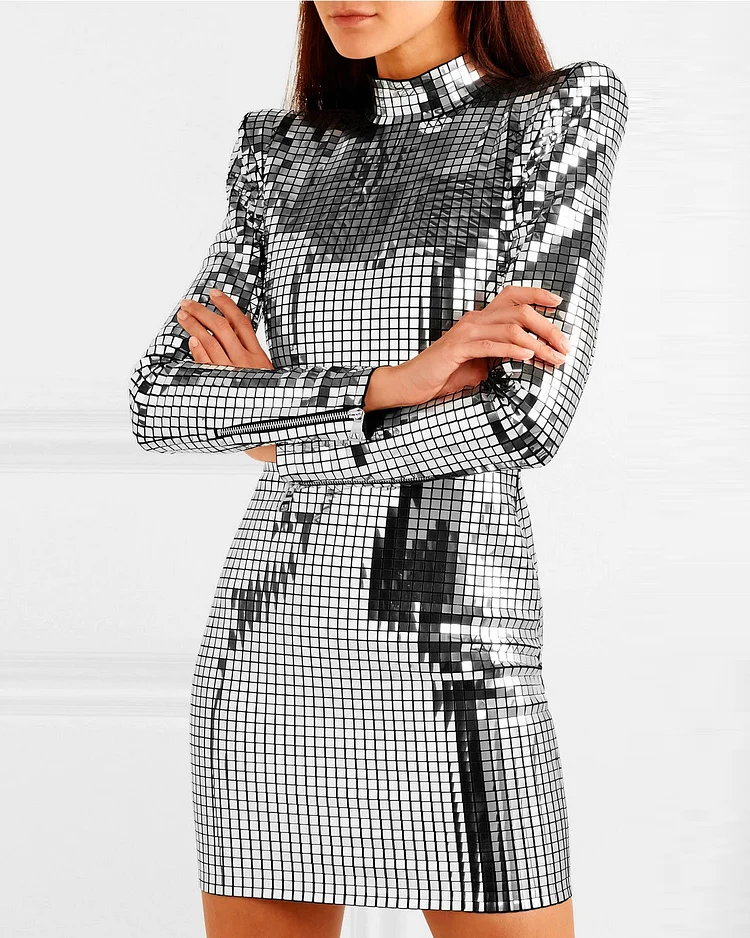 Trendy Silver Sequin Turtleneck Mini Dress