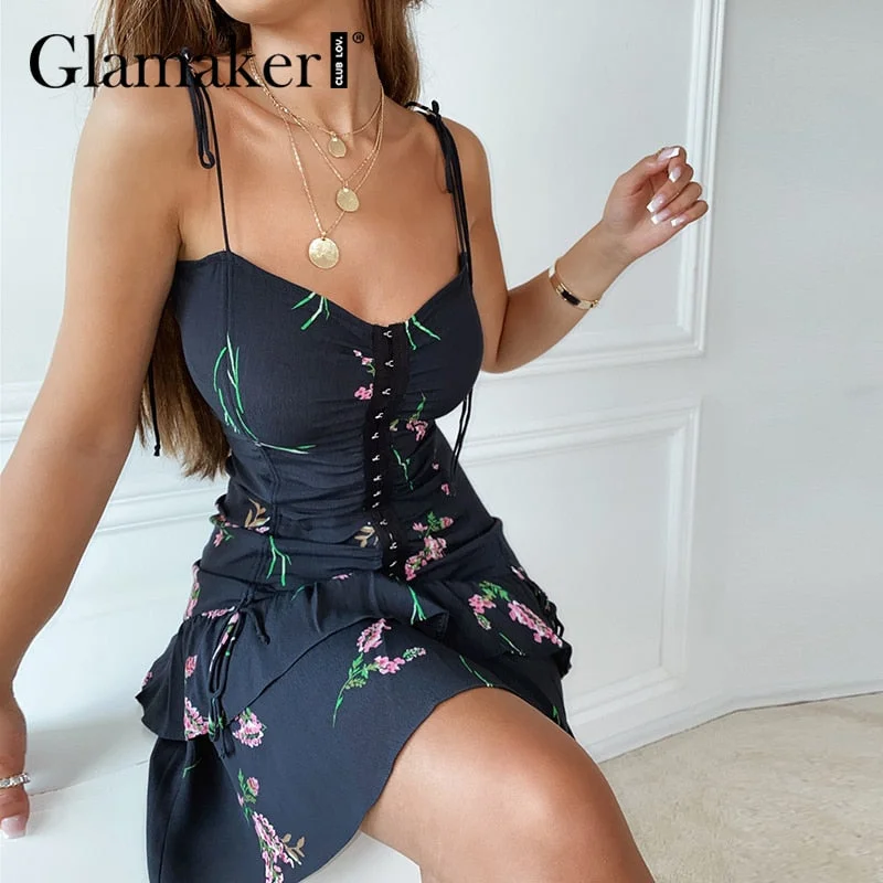 Glamaker Floral printed fashion sleeveless sundress Holiday beach v-neck mini dress Ruffles summer A-line backless dress new