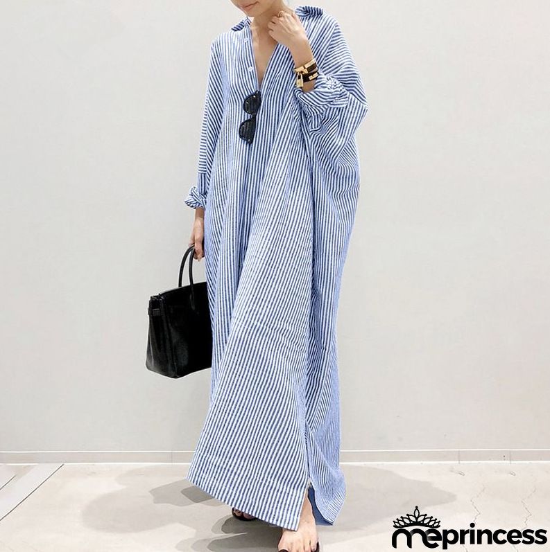 Women's Fashion Loose Stripe Print Large Size Maxi Dress