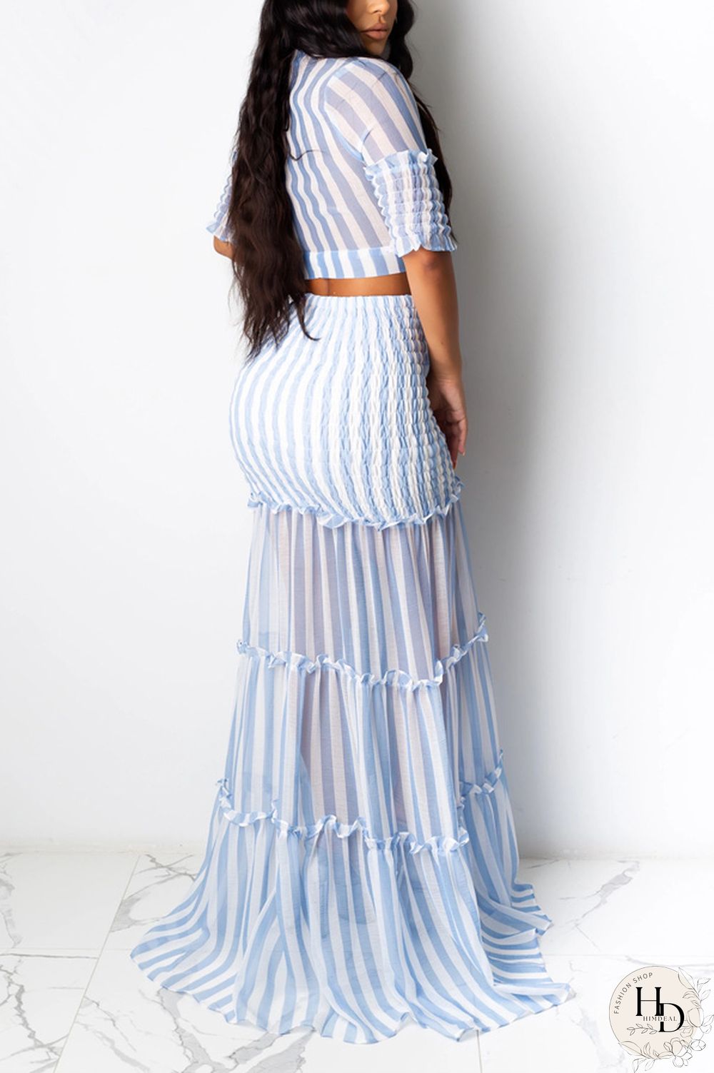 Yellow Casual 3/4 Length Sleeves V Neck Slim Dress Floor-Length Striped Print Patchwork Dresses