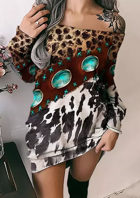Leopard Cow Color-Blocked Sweatshirt Dress