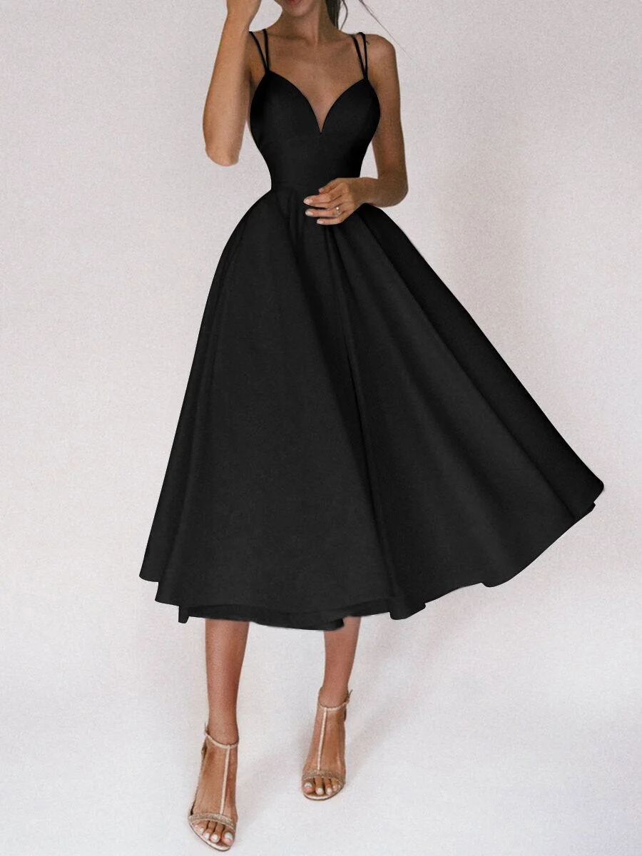 Women's summer solid color sling dress skirt mid-length high waist large swing dress