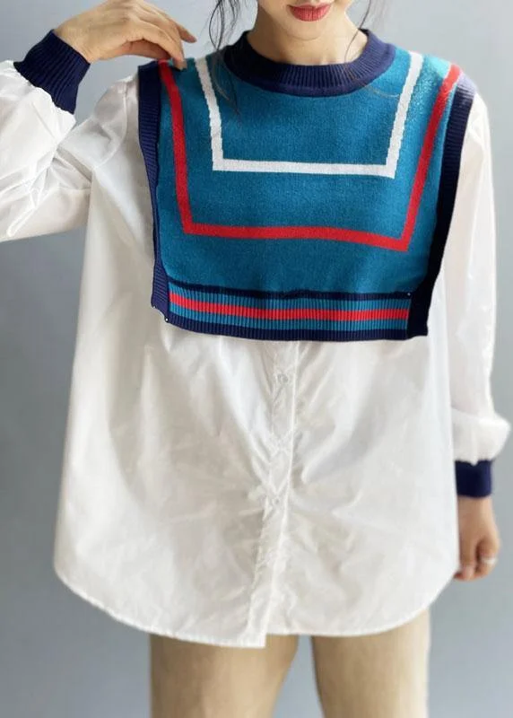 Style White Patchwork Knit Button Fall Tops Long sleeve
