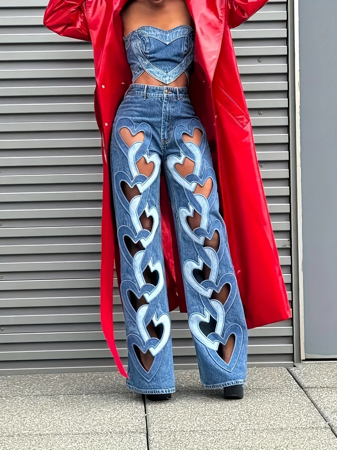 Women's Fashion Sexy Jeans Hollow Heart Shaped Ripped High Rise Straight Pants Women's Love Cutout Pants Y2k High Rise Straight Pants Trend Concert Party Pant | IFYHOME