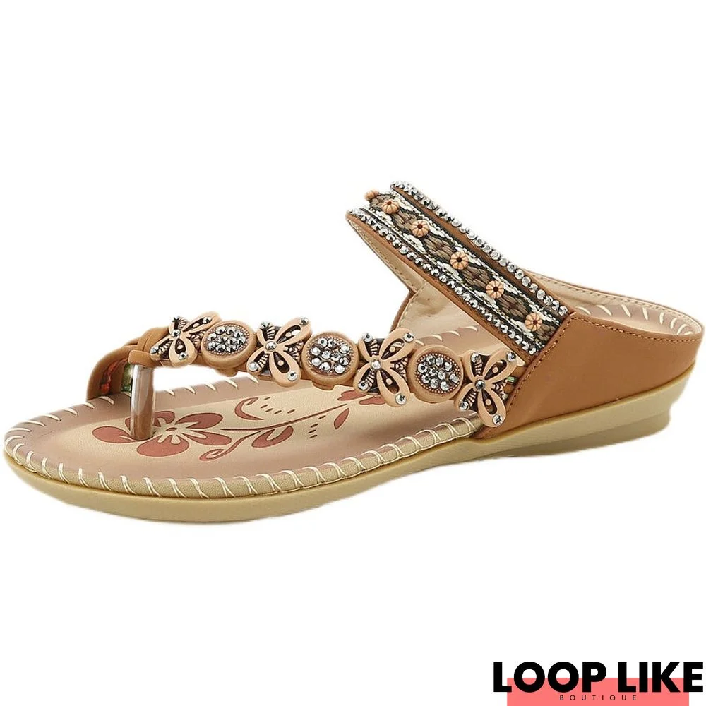 Bohemian Folk Style Slippers with Rhinestones and Clip Toe