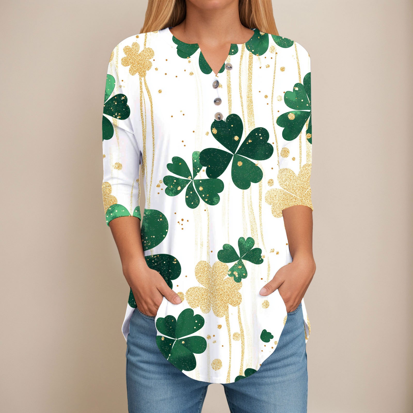 Women Simple Long Sleeve T Shirts Female St Patrick's Day Tops 3/4 Sleeve Tunic Tops Side Slit V Neck Flattering T-shirts