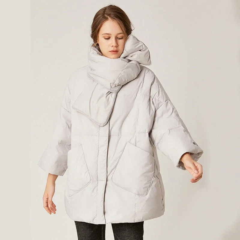 FTLZZ Winter Loose Down Jacket Women 90% White Duck Down Coat Round Neck Loose Thick  Parkas Female Warm Snow Outwear Up Scarf