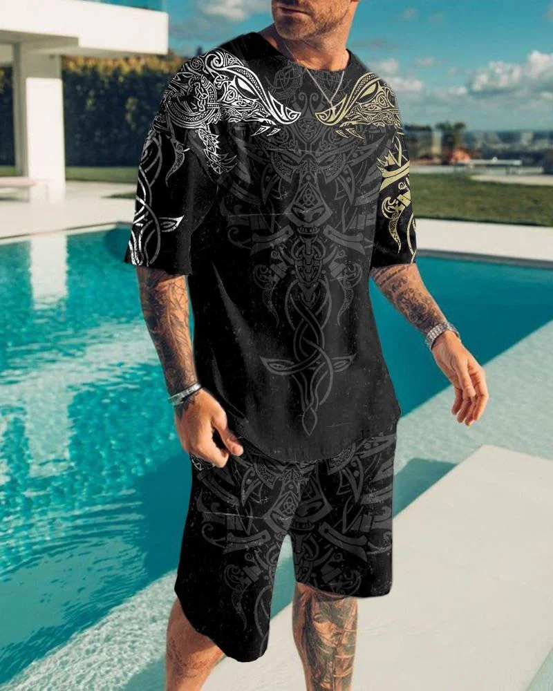 Simple Men's Wolf Hit Color Print Suit