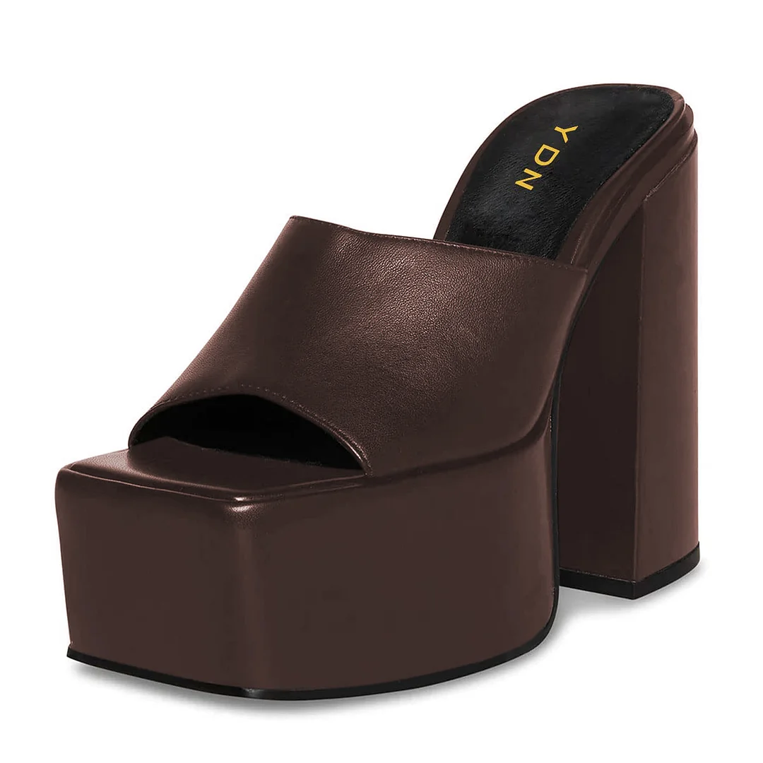Dark Brown Vegan Leather Wide Band Platform Mules with Block Heels