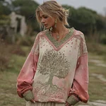 Women's Retro Viking Tree Of Life Stitching Warm V-neck Sweatshirt - Image 2