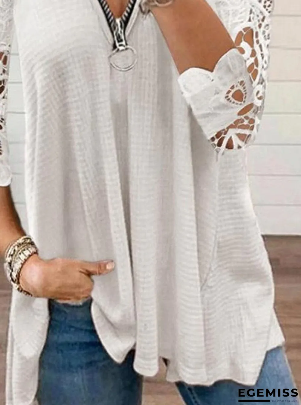 Fashion Lace Stitching Solid Color V-neck T-shirt | EGEMISS