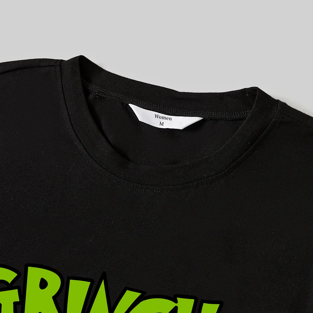 Christmas Cartoon Print and Text Print Black Long Sleeve Top with Red & White & Green Plaid Family Matching Pajamas 2024