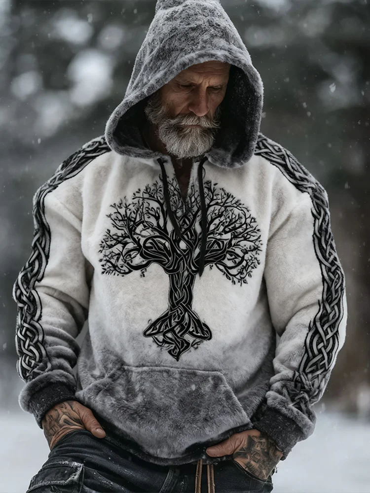 Retro Celtic Knot Design Pattern Winter Warm Men's Hooded Flannel Sweatshirt