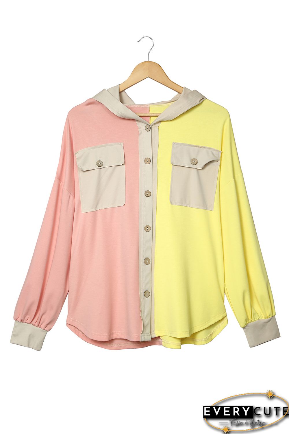 Multicolor Color Block Pocketed Button Down Shirt Jacket with Hood