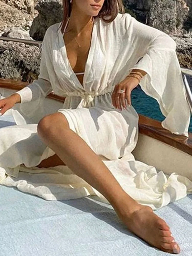 Vacation Casual Plain V Neck Trumpet Sleeve Bikini Cover Up