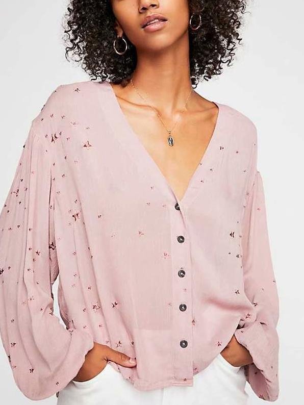 Pink V Neck Long Sleeve Loose Casual T Shirt Blouse