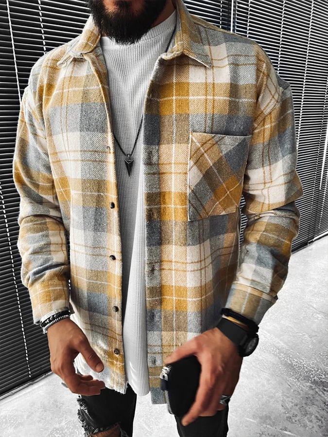 Men Fashion Plaid Casual Long Sleeve Jacket