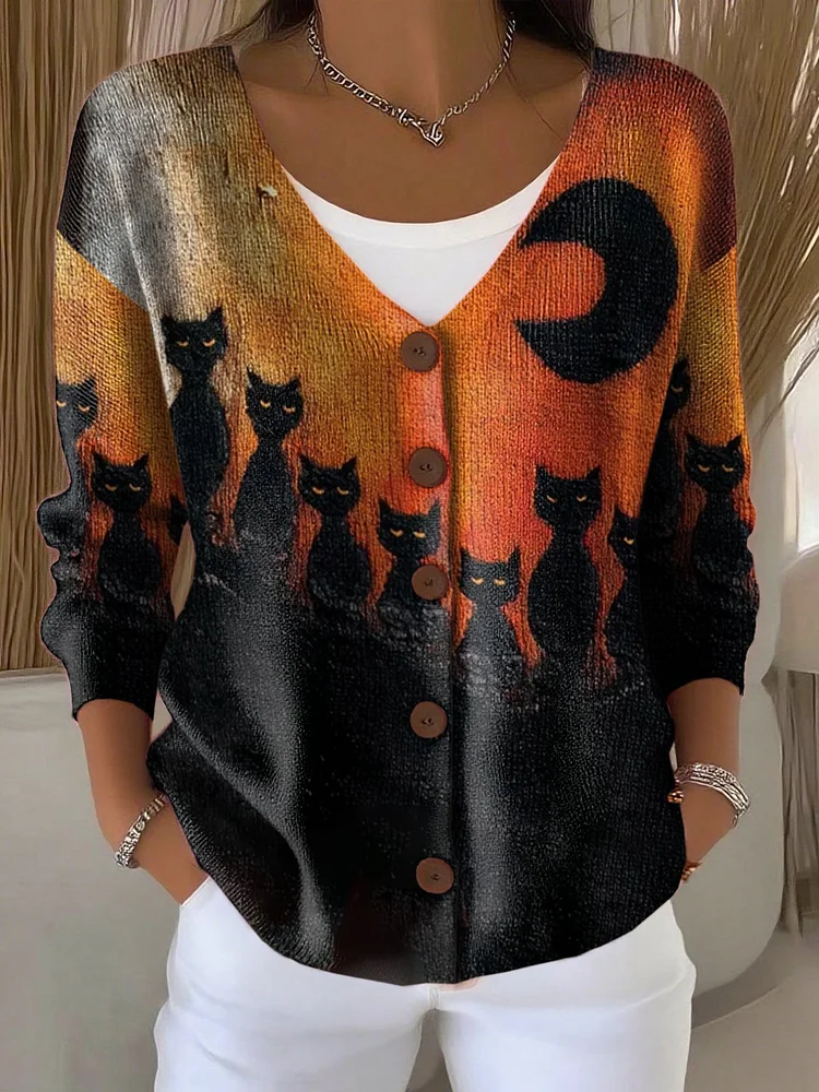 Women's Casual Retro Halloween Print Cardigan 