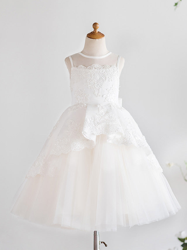 Oknass Sleeveless Jewel Neck Flower Girl Dress Satin Tulle With Bow Appliques